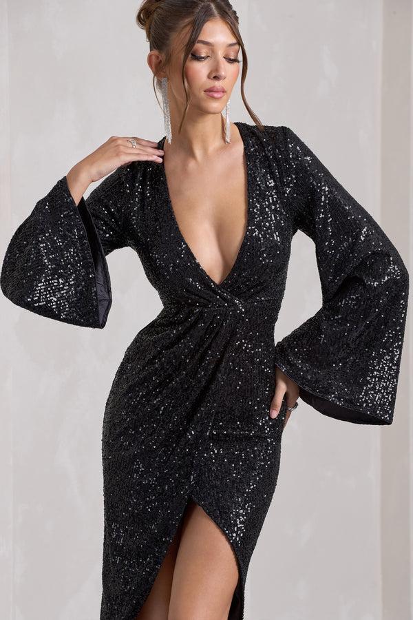 Club L Amber Black Sequin Plunge Wrap Midi Dress