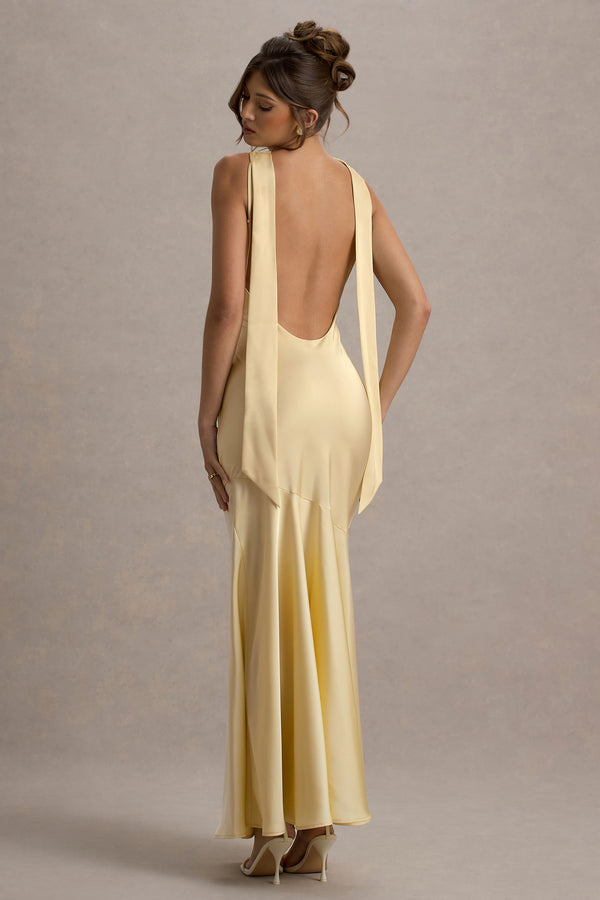 Club L Amelita Lemon Satin Cowl-Neck Maxi Dress
