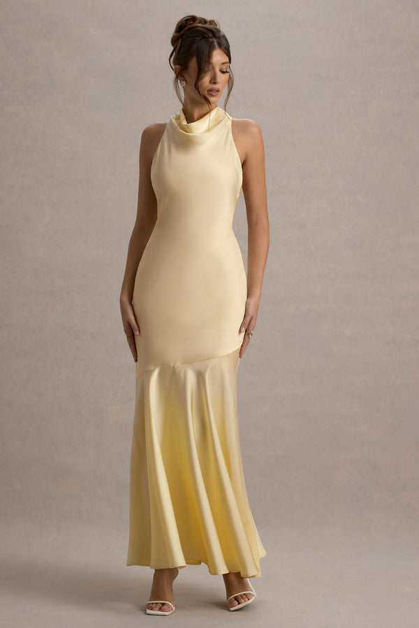 Club L Amelita Lemon Satin Cowl-Neck Maxi Dress