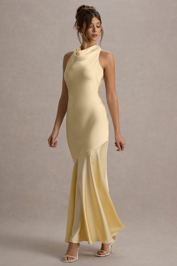 club l Amelita Lemon Satin Cowl-Neck Maxi Dress