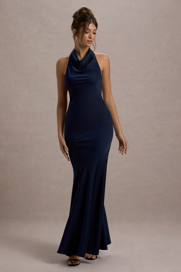 Club L Amelita Navy Satin Cowl-Neck Maxi Dress