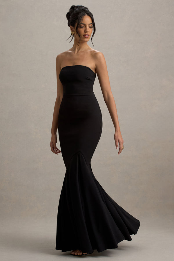 club l Angela Black Bandeau Fishtail Maxi Dress