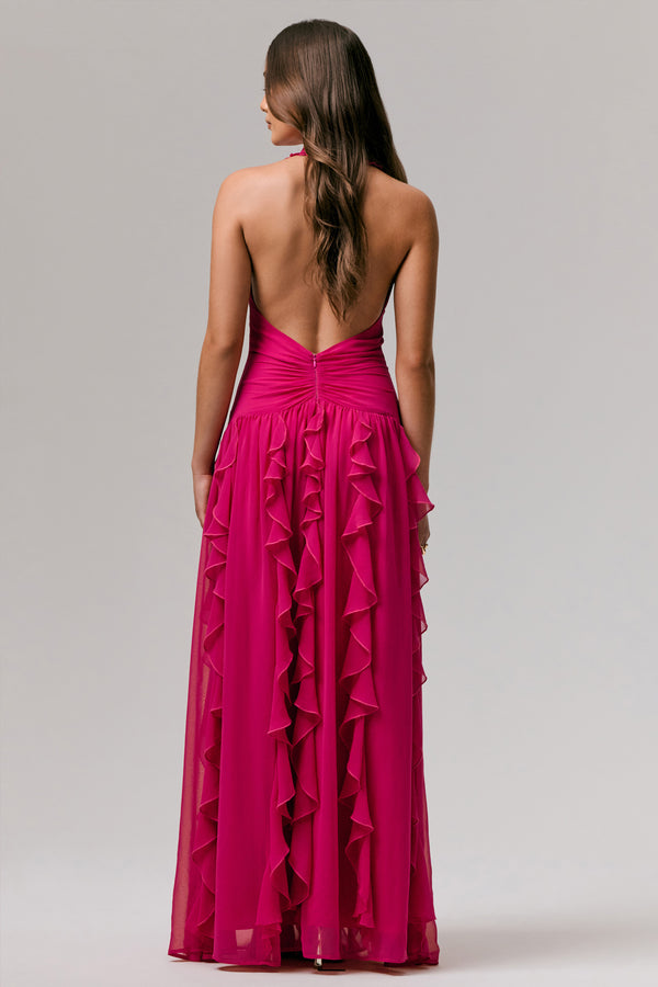 Club L Bea Hot Pink Plunge-Neck Ruffled Maxi Dress