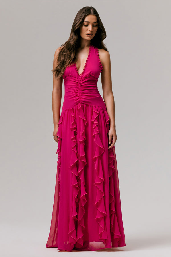 Club L Bea Hot Pink Plunge-Neck Ruffled Maxi Dress