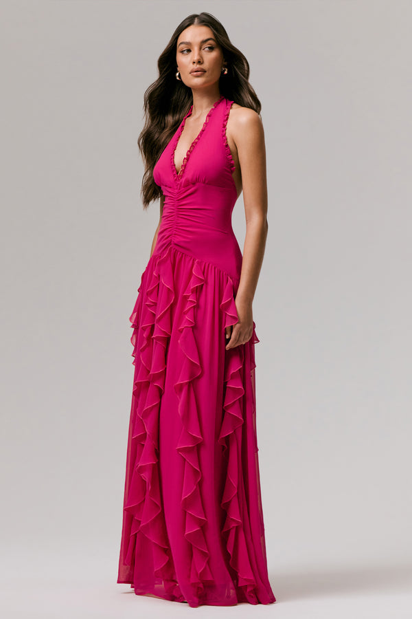 Club L Bea Hot Pink Plunge-Neck Ruffled Maxi Dress
