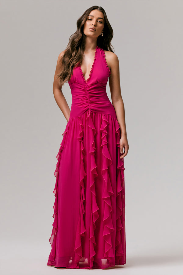 club l Bea Hot Pink Plunge-Neck Ruffled Maxi Dress