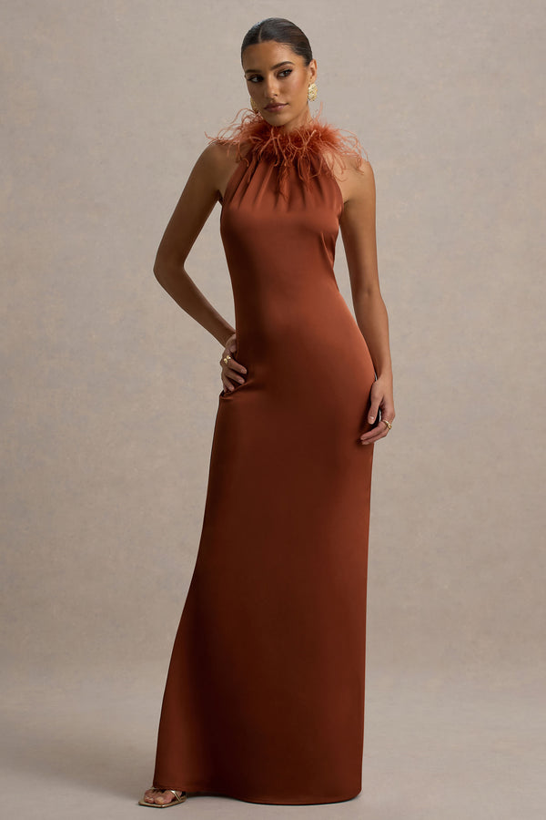 Club L Bianca Rust Satin Feather-Trim Maxi Dress