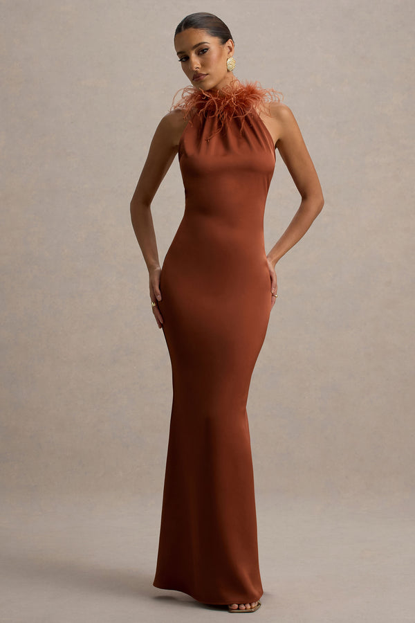 club l Bianca Rust Satin Feather-Trim Maxi Dress