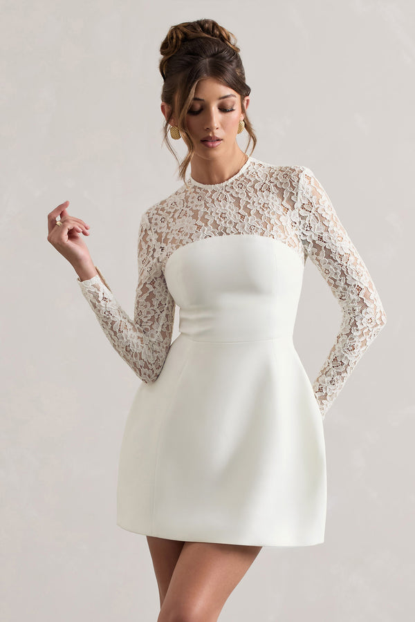 club l Birdie White Lace Long-Sleeve Mini Dress