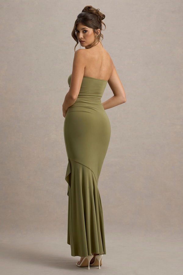 Club L Capria Olive Green Bandeau Wrap Maxi Dress