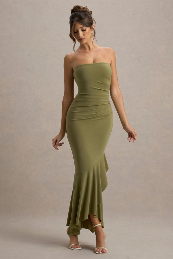 Club L Capria Olive Green Bandeau Wrap Maxi Dress