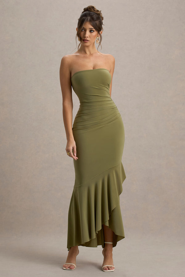 club l Capria Olive Green Bandeau Wrap Maxi Dress