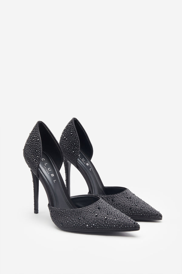 Club L Catcher Black Diamante Pointed Court Heels