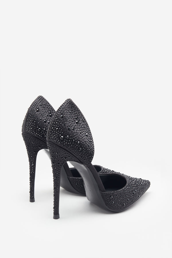 Club L Catcher Black Diamante Pointed Court Heels