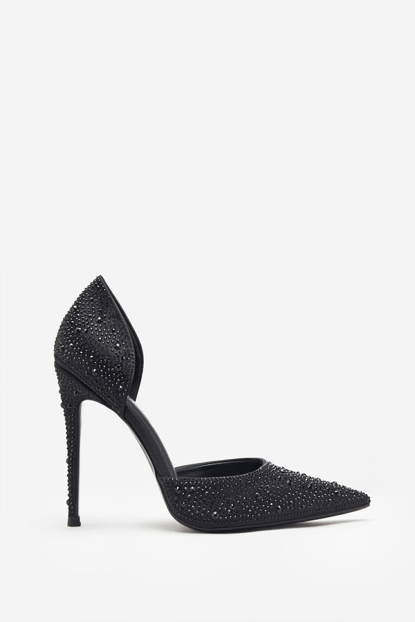 club l Catcher Black Diamante Pointed Court Heels