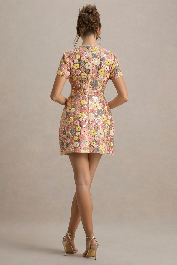 Club L Eira Pastel Floral Print Sequin Mini Dress