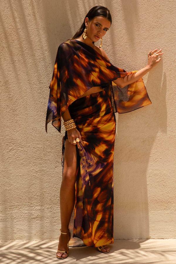 Club L Elysia Smoke Print Asymmetric Crop Top