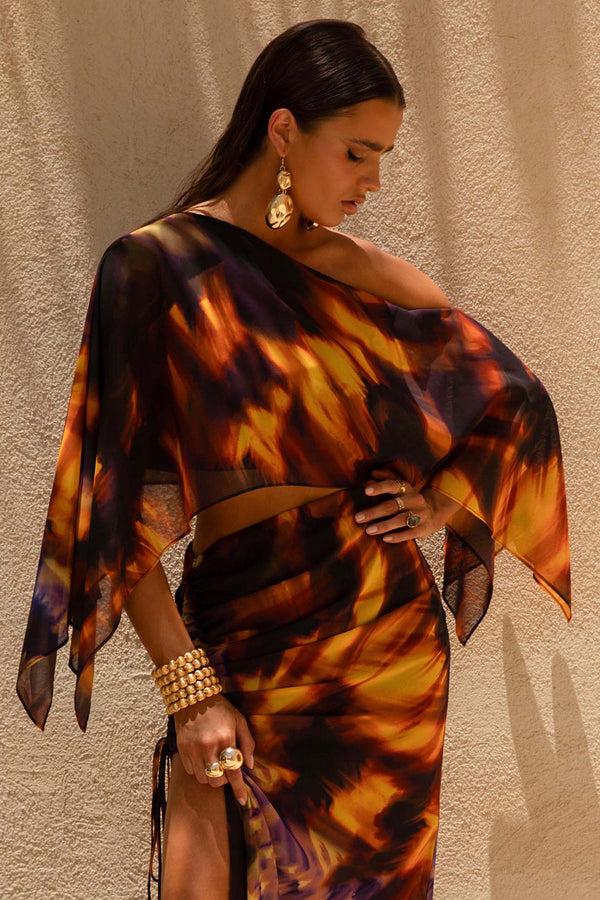 club l Elysia Smoke Print Asymmetric Crop Top
