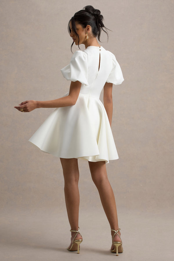 Club L Emelia White Puff-Sleeve Skater Dress