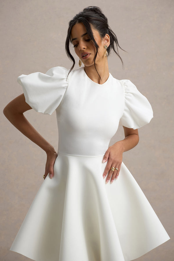 Club L Emelia White Puff-Sleeve Skater Dress