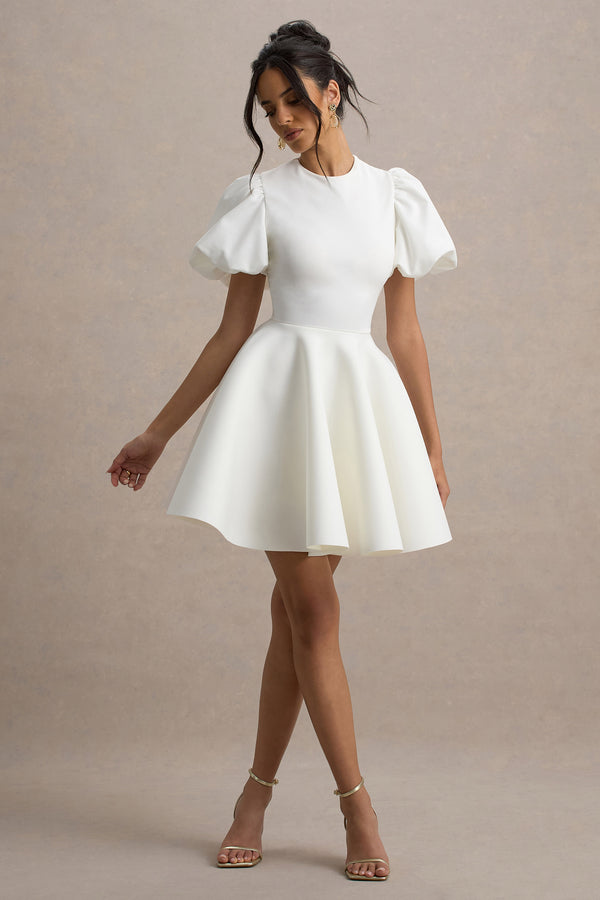 club l Emelia White Puff-Sleeve Skater Dress