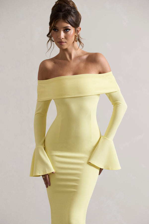Club L Emma Lemon Bardot Flared-Sleeve Midi Dress
