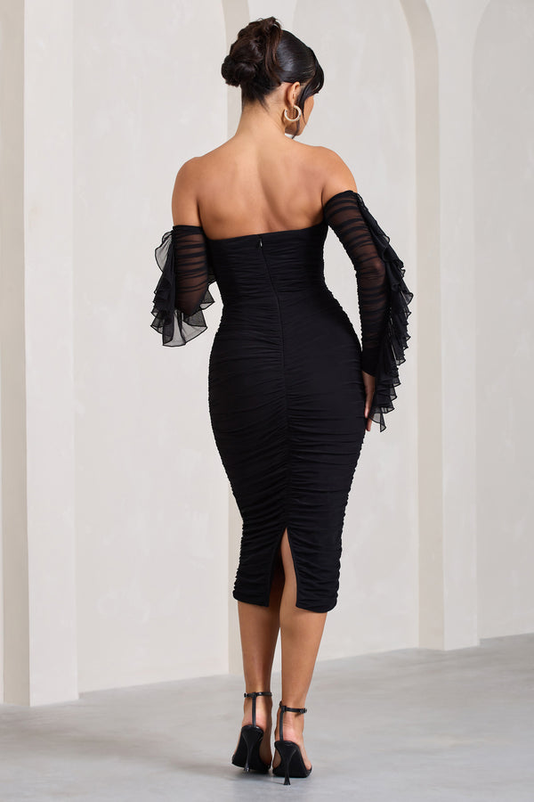 Club L Favor Black Ruched Mesh Bardot Midi Dress