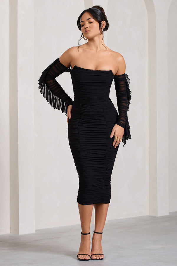 club l Favor Black Ruched Mesh Bardot Midi Dress