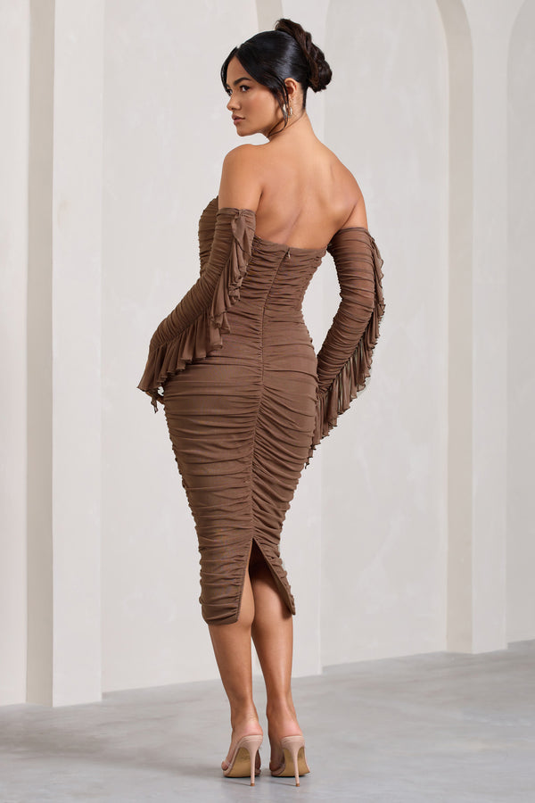 Club L Favor Mocha Ruched Mesh Bardot Midi Dress