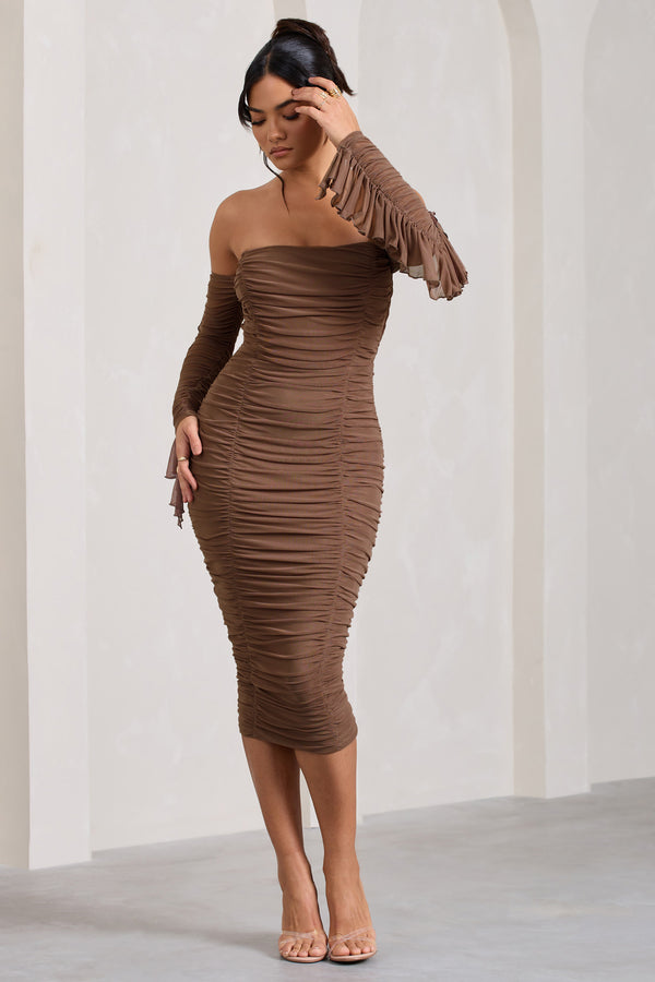 Club L Favor Mocha Ruched Mesh Bardot Midi Dress
