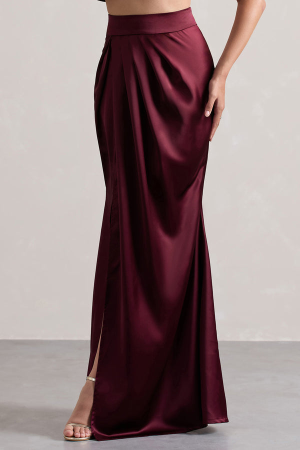 Club L Free Feeling Plum Satin Split Maxi Skirt