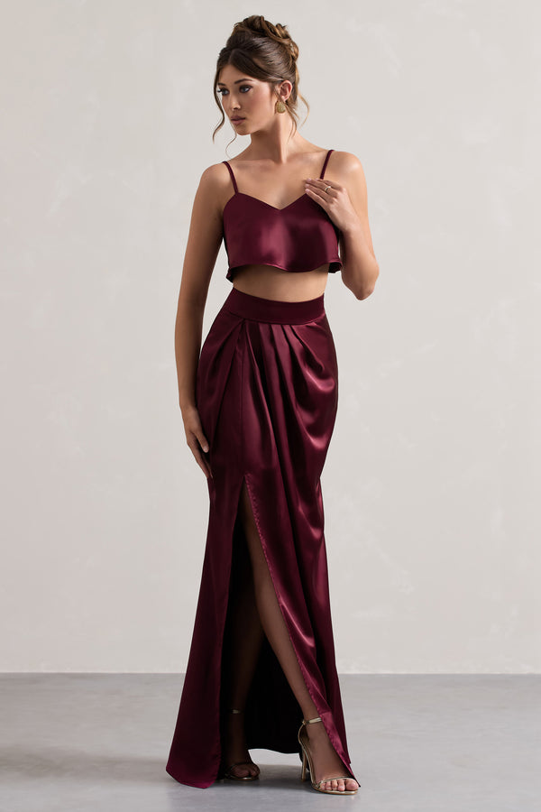 Club L Free Feeling Plum Satin Split Maxi Skirt