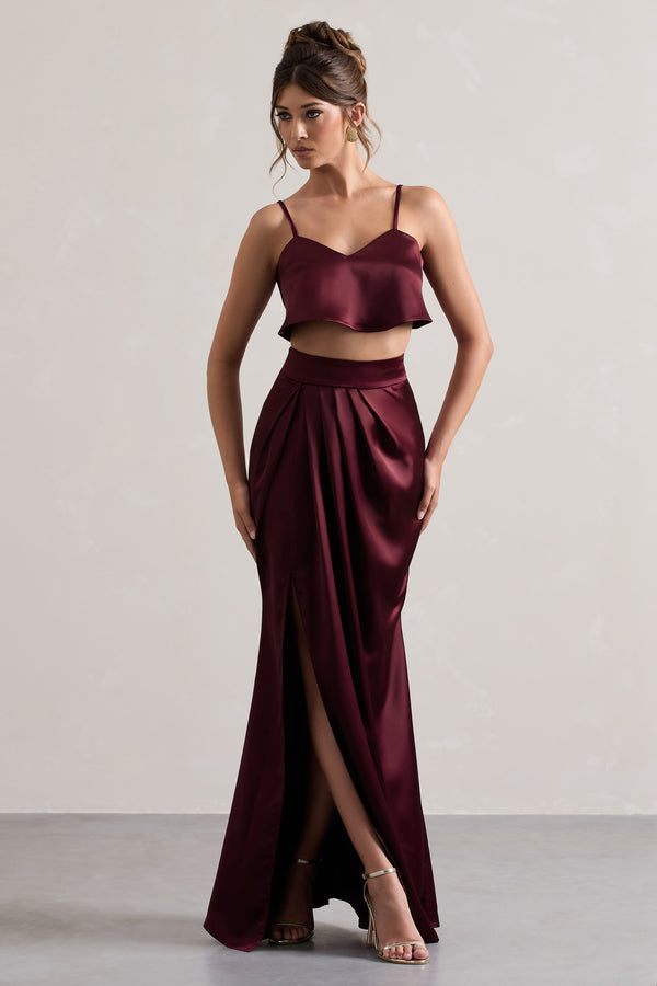 club l Free Feeling Plum Satin Split Maxi Skirt