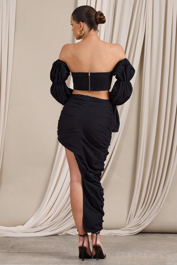 Club L Holiday Black Ruched Asymmetric Maxi Skirt