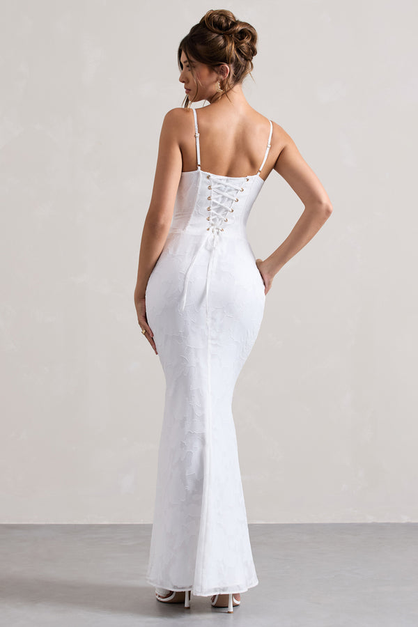 Club L Intimacy White Lace Corset Split Maxi Dress
