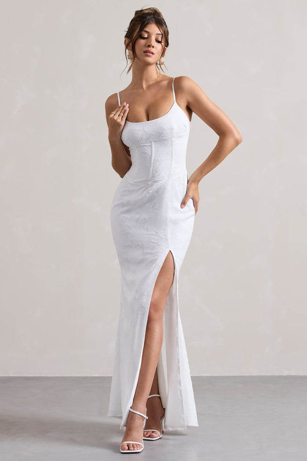 Club L Intimacy White Lace Corset Split Maxi Dress