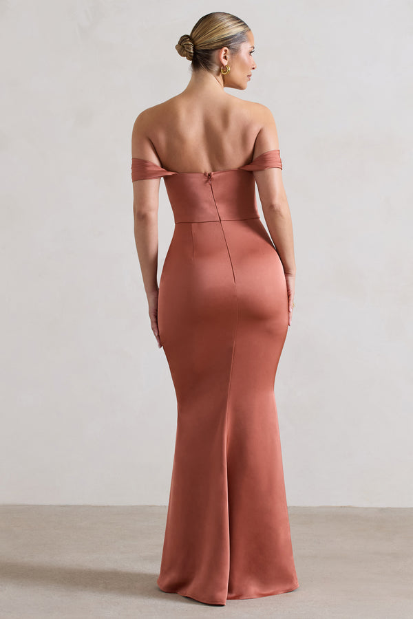 Club L Katia Rust Satin Bardot Maxi Dress