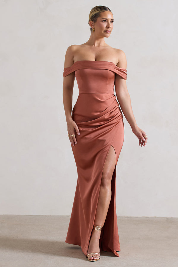 Club L Katia Rust Satin Bardot Maxi Dress