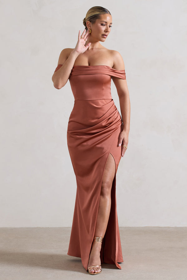 club l Katia Rust Satin Bardot Maxi Dress