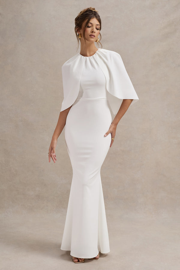 Club L Kianne White Draped Short-Sleeve Maxi Dress
