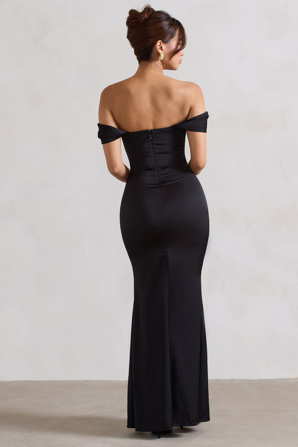Club L Kimberly Black Bardot Satin Maxi Dress