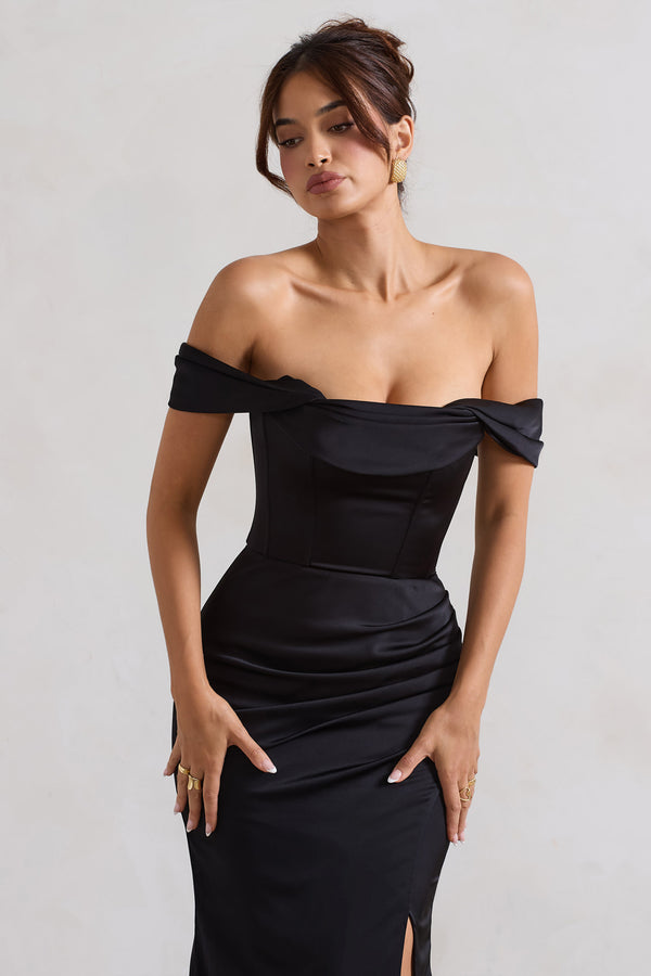Club L Kimberly Black Bardot Satin Maxi Dress