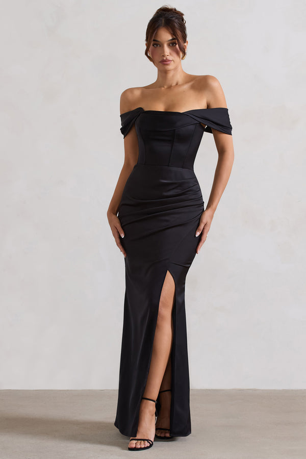 Club L Kimberly Black Bardot Satin Maxi Dress