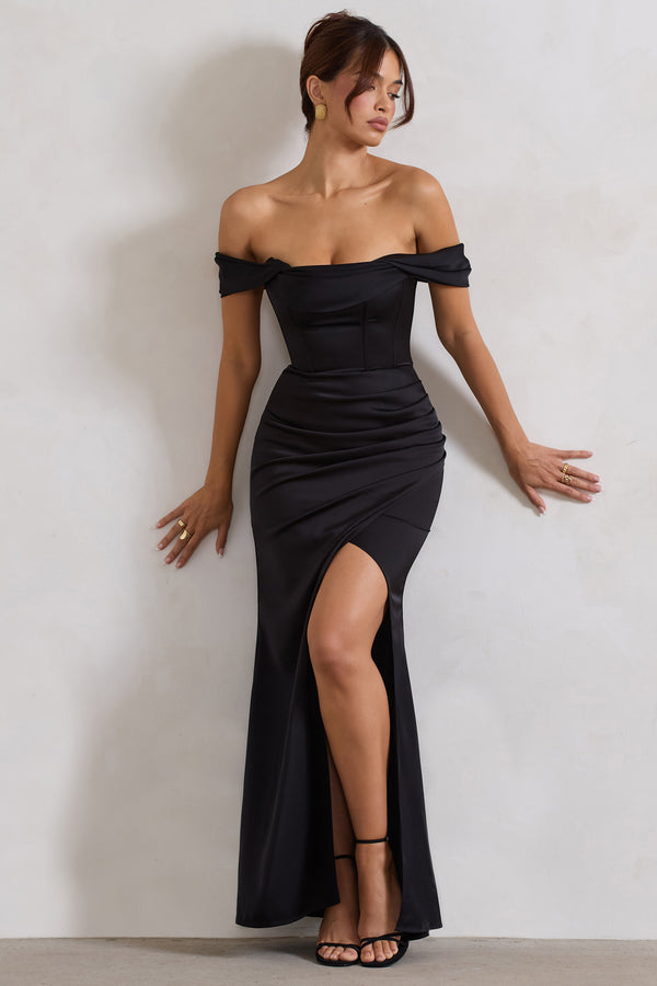 club l Kimberly Black Bardot Satin Maxi Dress