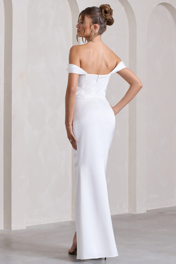 Club L Kimberly White Bardot Satin Maxi Dress