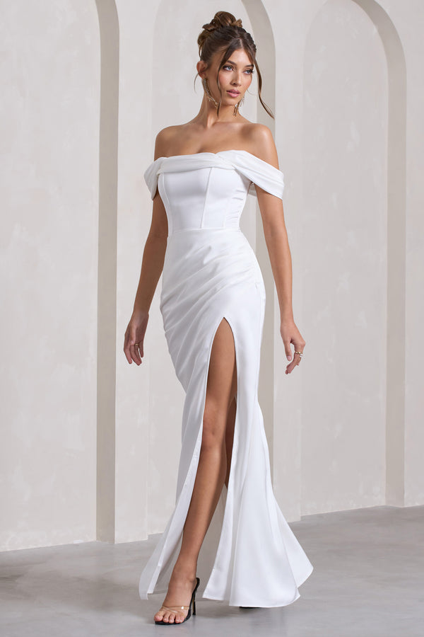 Club L Kimberly White Bardot Satin Maxi Dress