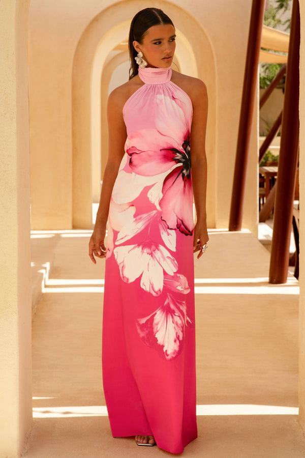 Club L Leia Pink Lily Print High-Neck Maxi Dress