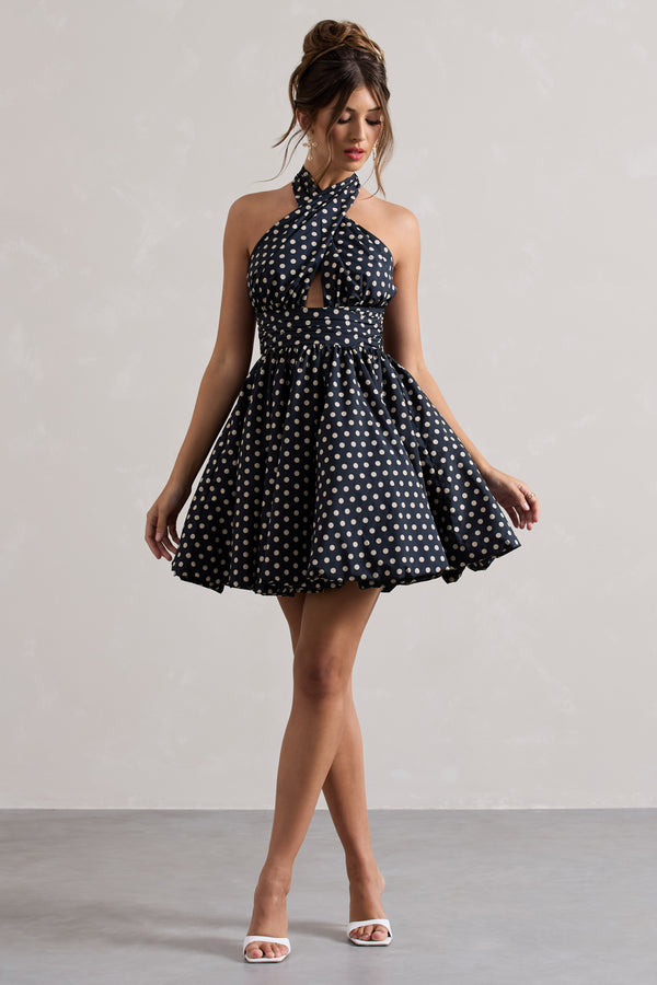 club l Levie Navy Polka Dot Halter-Neck Mini Dress