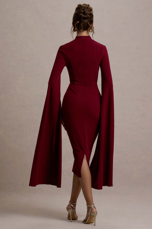Club L Linden Berry Bodycon Cape-Sleeve Midi Dress