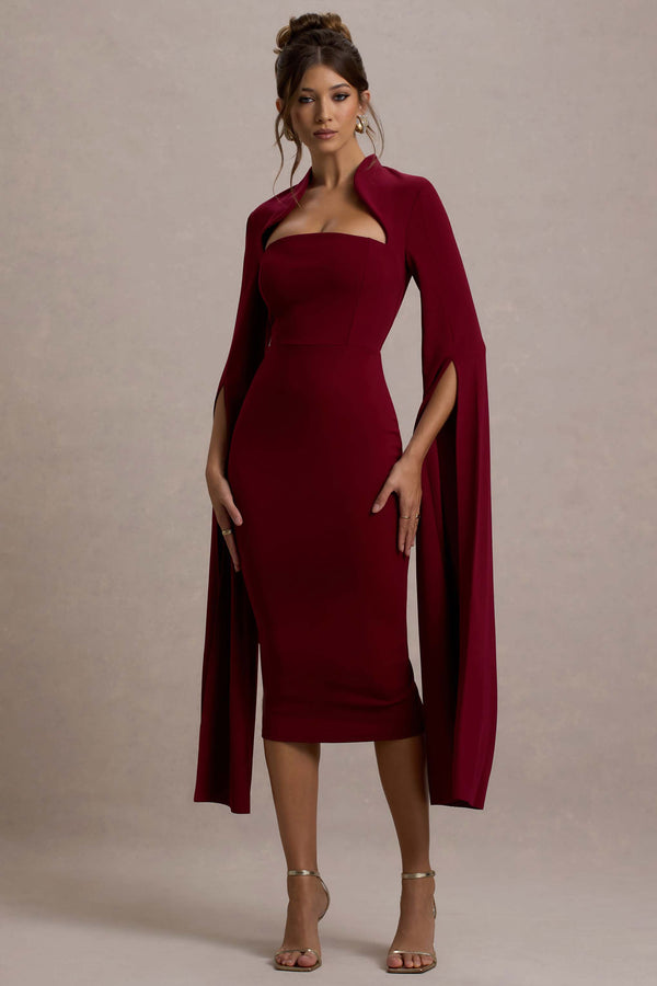 Club L Linden Berry Bodycon Cape-Sleeve Midi Dress